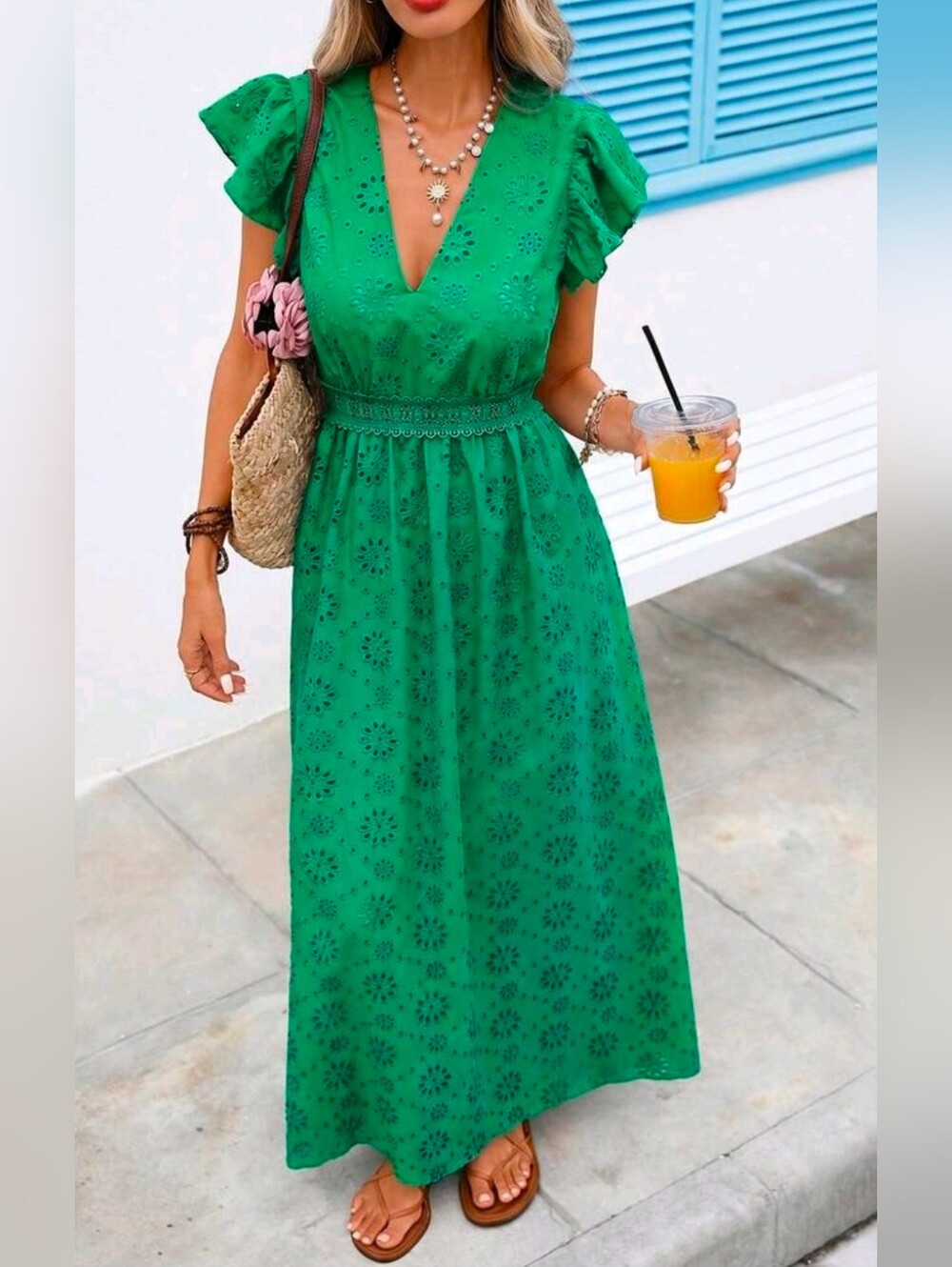 New Embroidered Eyelet Lace Ruffle Sleeve Tie Back Maxi Dress Green - Picture 2 of 10